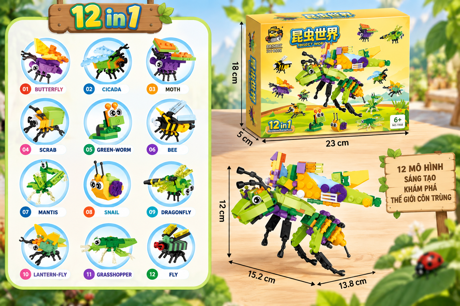 Mô hình lắp ráp côn trùng ong chúa set 12 in 1 xếp hình thông minh quà tặng cho bé cỡ lớn Aquakids - Ảnh kích thước sản phẩm