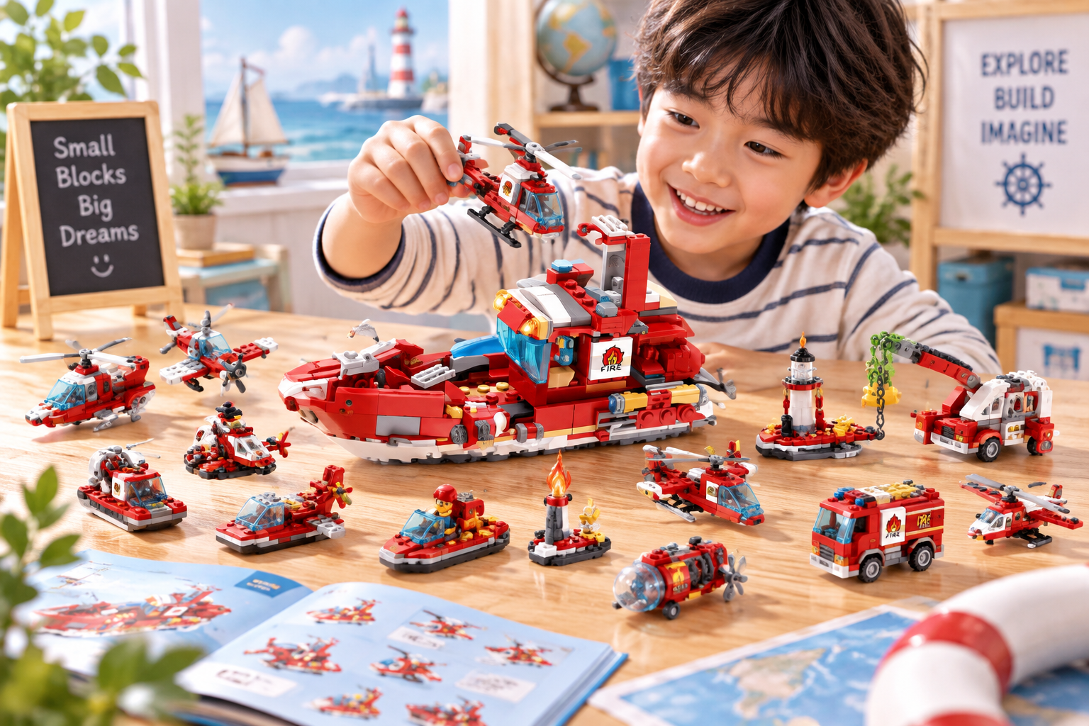 Mô hình lắp ráp tàu cứu hộ mini giá rẻ 12 in 1 cho bé thông minh sáng tạo Aquakids - Ảnh lifestyle / cách chơi