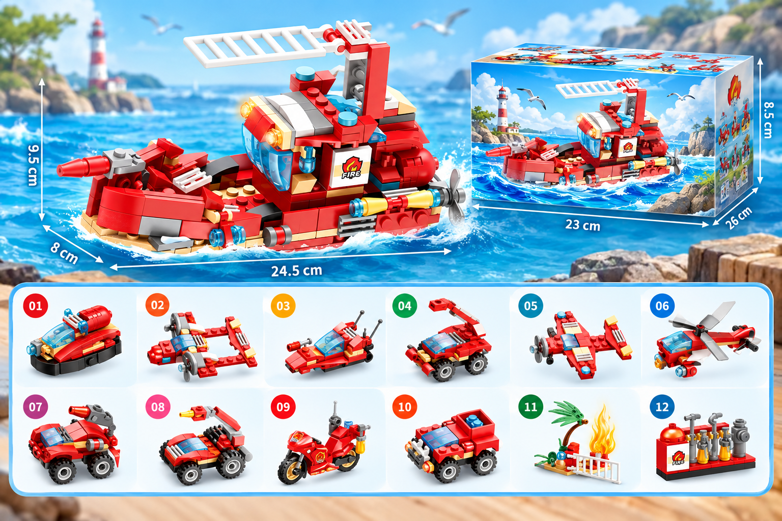 Mô hình lắp ráp tàu cứu hộ mini giá rẻ 12 in 1 cho bé thông minh sáng tạo Aquakids - Ảnh kích thước sản phẩm