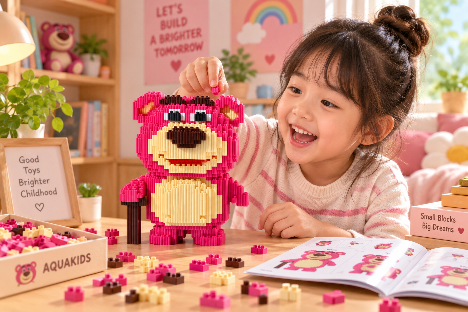 Bộ Lắp ráp gấu dâu Lotso cỡ lớn to bự lắp ráp nhân vật hoạt hình Aquakids - Ảnh lifestyle / cách chơi