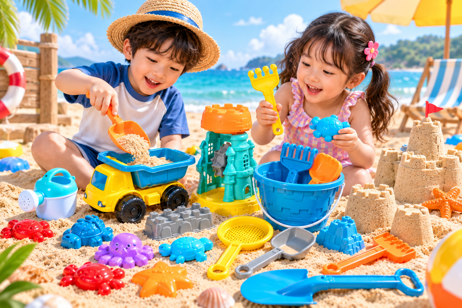 Đồ chơi xúc cát đi du lịch biển xây lâu đài cát có xô nước và bình tưới nước cho bé trai, bé gái Aquakids - Ảnh lifestyle / cách chơi