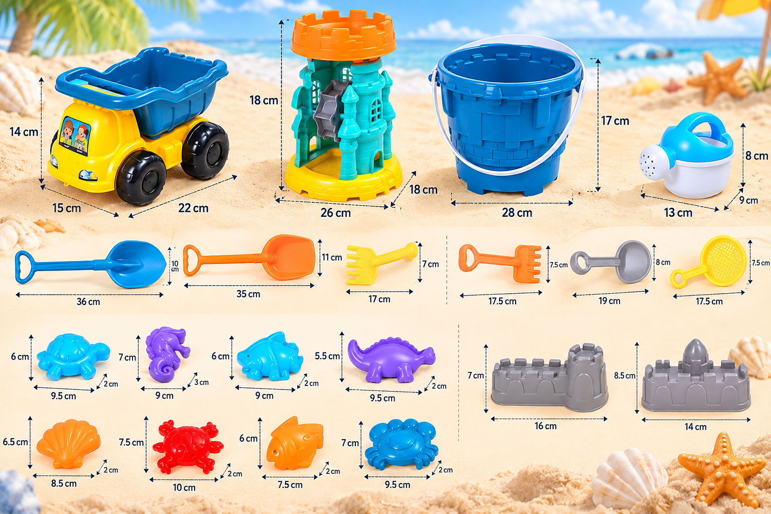 Đồ chơi xúc cát đi du lịch biển xây lâu đài cát có xô nước và bình tưới nước cho bé trai, bé gái Aquakids - Ảnh kích thước sản phẩm