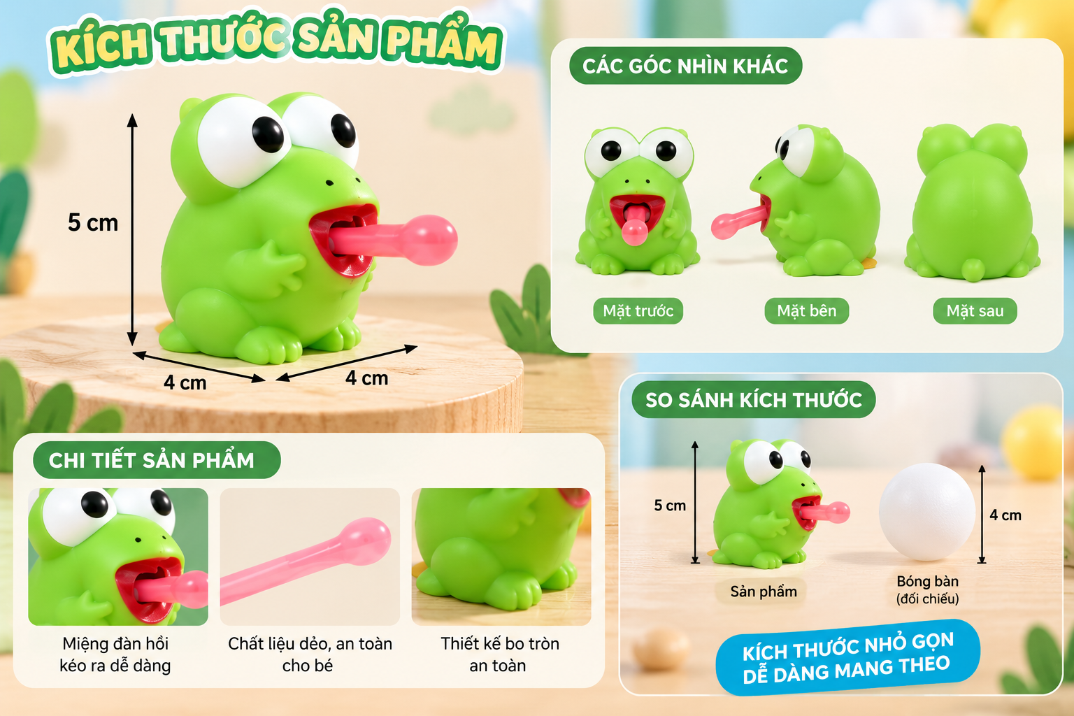 Đồ chơi bóp hình con ếch có âm thanh vô tri giải nén ếch và khủng long xanh sáng tạo ngộ nghĩnh Aquakids - Ảnh kích thước sản phẩm