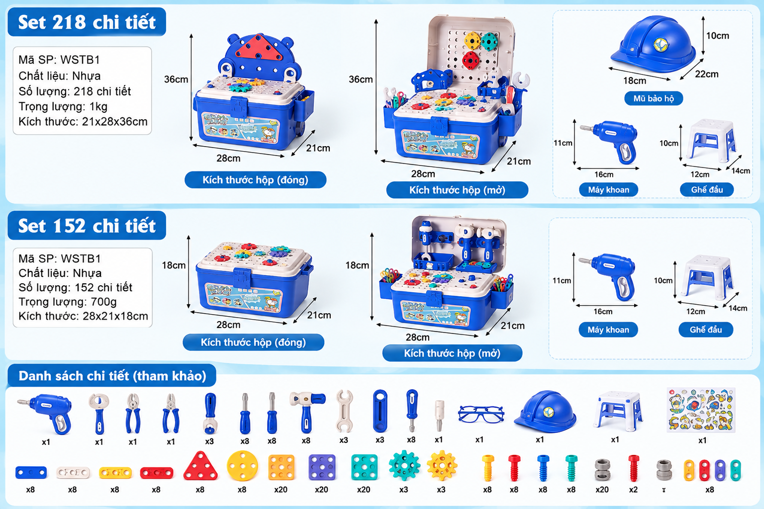 Bộ dụng cụ đồ chơi lắp ghép kỹ sư cho bé DIY cao cấp 152/218 chi tiết Aquakids - Ảnh kích thước sản phẩm