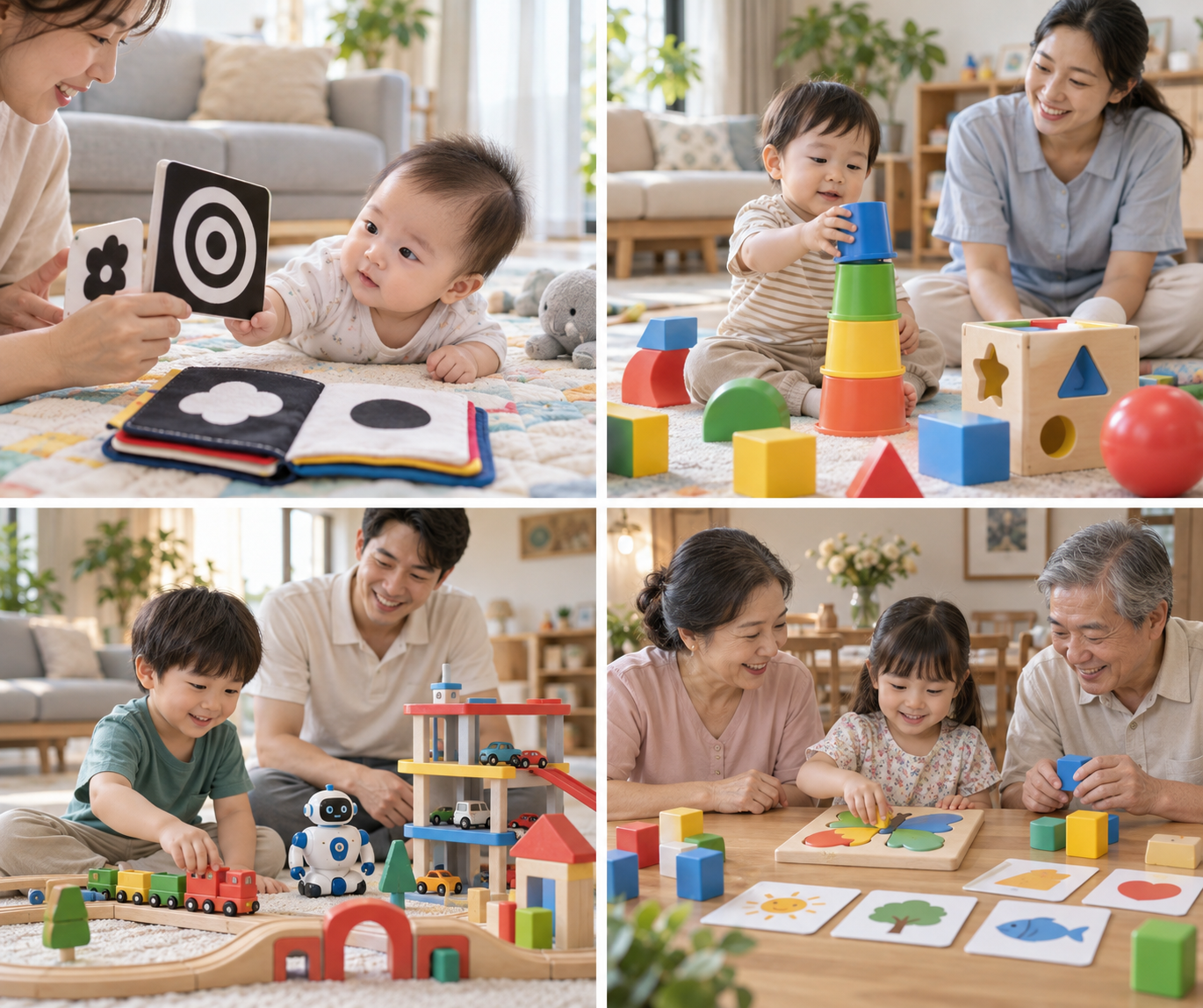 Phụ huynh chuẩn bị hoạt động chơi cùng ông bà cho bé gia đình nhiều thế hệ trong góc chơi an toàn