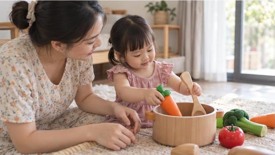 Minh họa riêng cho bài Nhà bếp đồ chơi cho bé: nhập vai nấu ăn và học chờ lượt - cảnh chơi 3, không có chữ trên ảnh