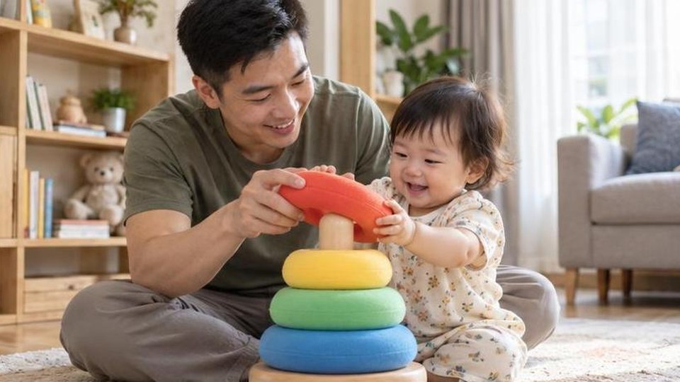 Phụ huynh cùng bé chuẩn bị hoạt động đồ chơi hợp bé 2-3 tuổi trong góc chơi tại nhà