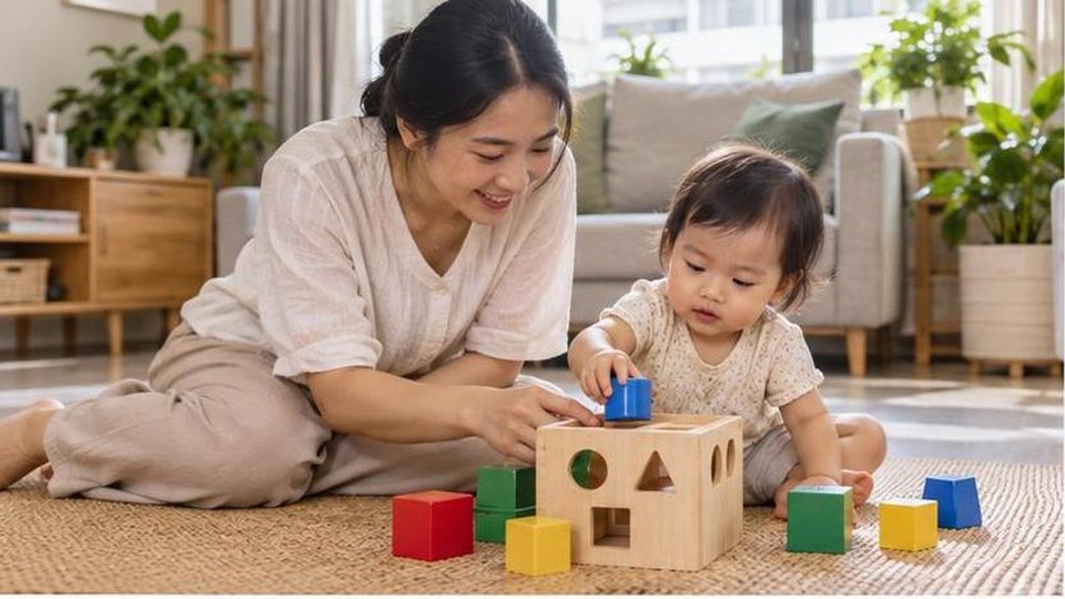 Phụ huynh cùng bé chuẩn bị hoạt động khay giác quan không dùng hạt cho bé 1-2 tuổi trong góc chơi tại nhà