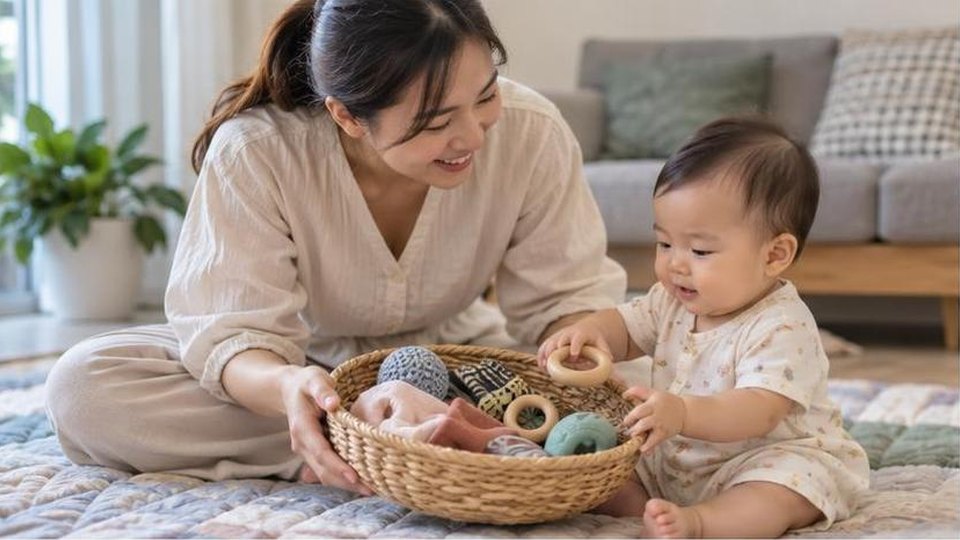 Bé thực hành khay giác quan không dùng hạt cho bé 1-2 tuổi với đồ chơi an toàn và người lớn quan sát
