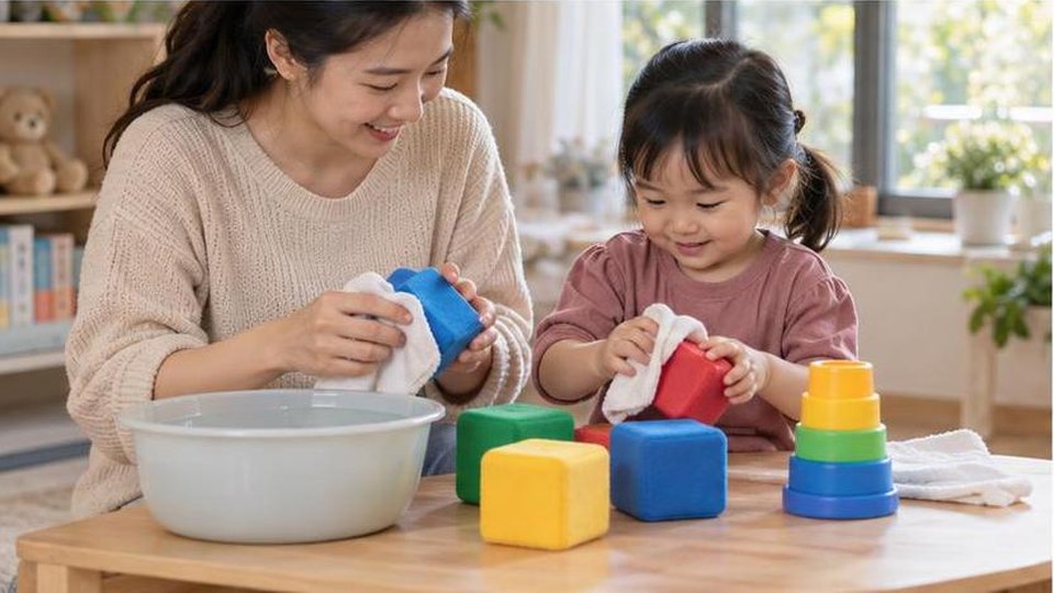 Phụ huynh cùng bé chuẩn bị hoạt động ăn dặm màu sắc cho bé 6-12 tháng trong góc chơi tại nhà