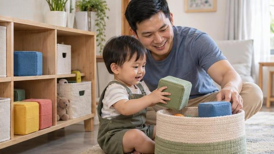 Phụ huynh cùng bé chuẩn bị hoạt động bé 0-6 tháng tập nằm sấp trong góc chơi tại nhà