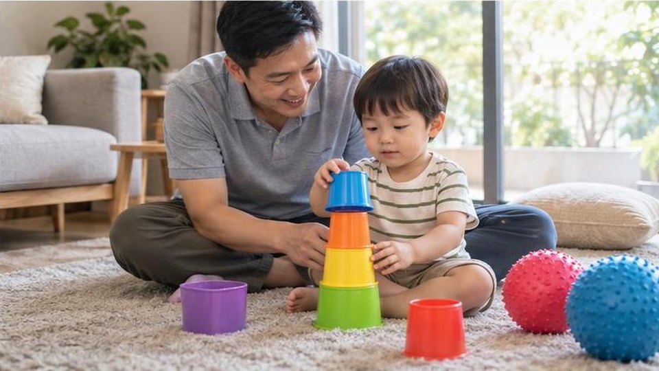 Bé thực hành bé 0-6 tháng tập nằm sấp với đồ chơi an toàn và người lớn quan sát