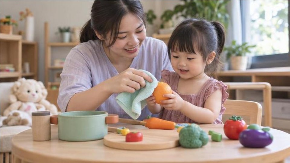 Phụ huynh cùng bé chuẩn bị hoạt động chơi nước an toàn cho bé 2-3 tuổi trong góc chơi tại nhà
