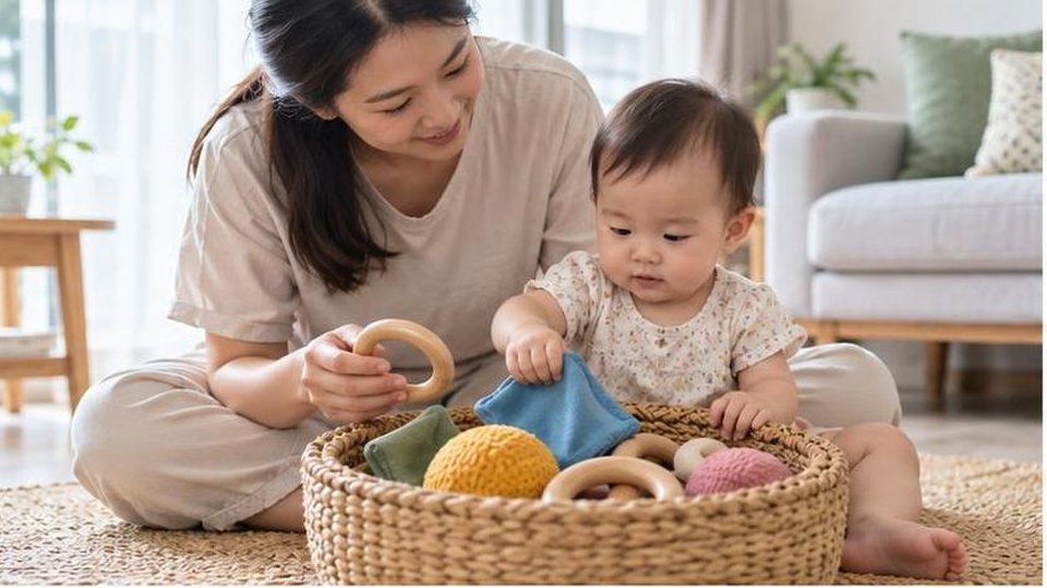 Phụ huynh cùng bé chuẩn bị hoạt động khay giác quan cho bé 1-2 tuổi trong góc chơi tại nhà