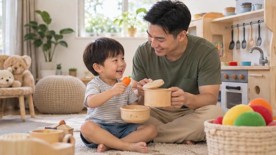 Bé thực hành khay giác quan cho bé 1-2 tuổi với đồ chơi an toàn và người lớn quan sát