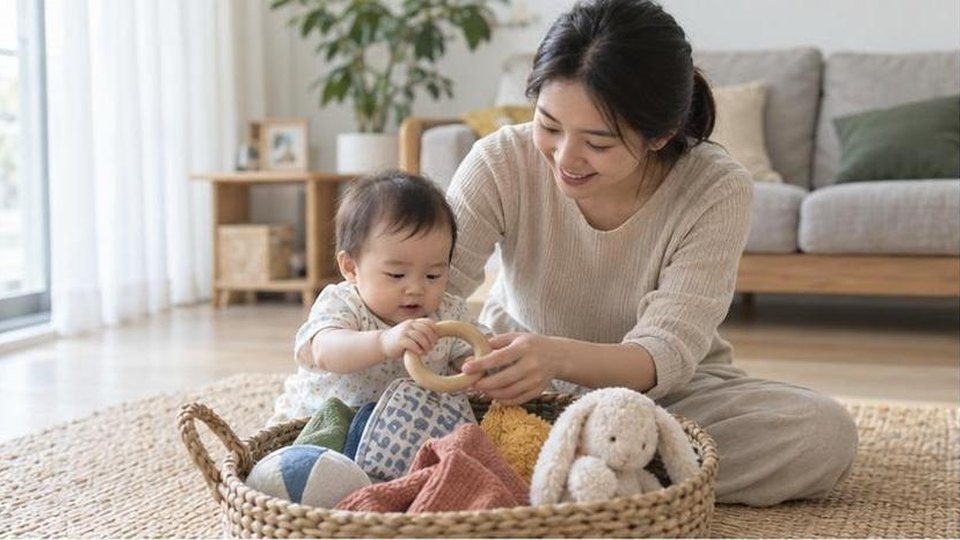 Phụ huynh cùng bé chuẩn bị hoạt động bé 6-12 tháng ăn dặm trong góc chơi tại nhà