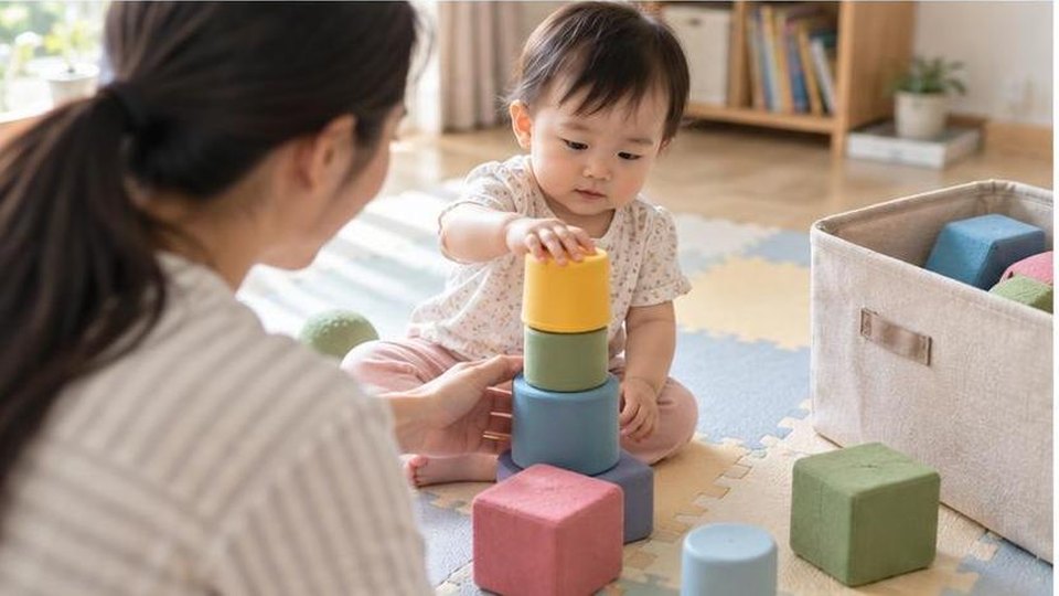 Bé thực hành bé 6-12 tháng ăn dặm với đồ chơi an toàn và người lớn quan sát