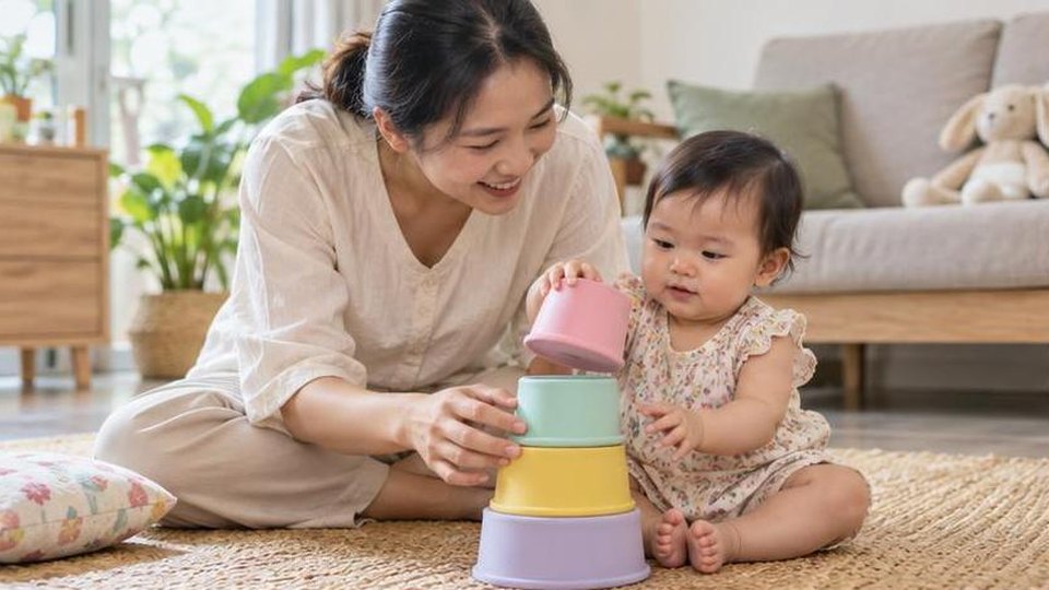 Phụ huynh cùng bé chuẩn bị hoạt động đồ chơi cho bé 0-6 tháng trong góc chơi tại nhà