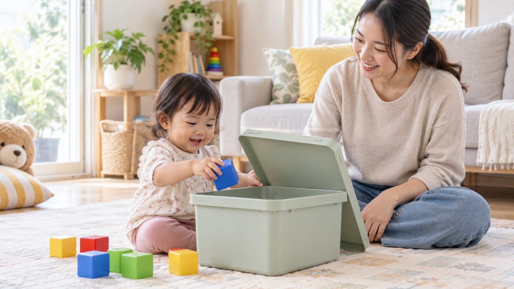 Bé 1-2 tuổi mở hộp và cất khối lớn cùng mẹ