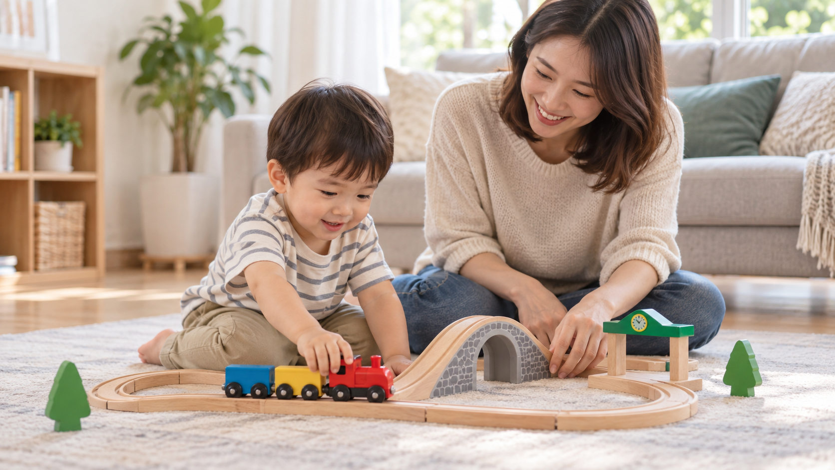 Bé 2-3 tuổi xếp đường ray tàu ngắn cùng mẹ
