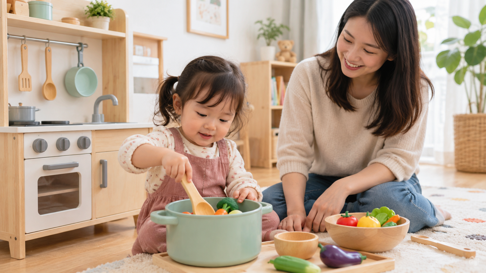 Bé 2-3 tuổi chơi bếp giả vờ với đồ chơi lớn