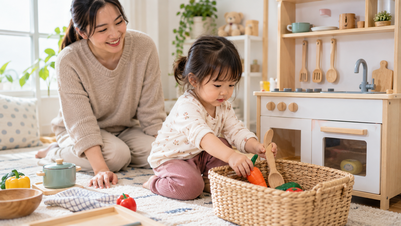 Bé cất rau củ đồ chơi sau khi chơi bếp