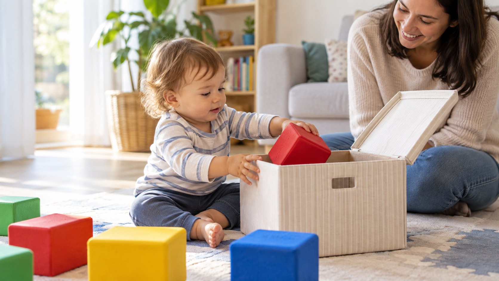 Bé cầm khối lớn và bỏ vào hộp