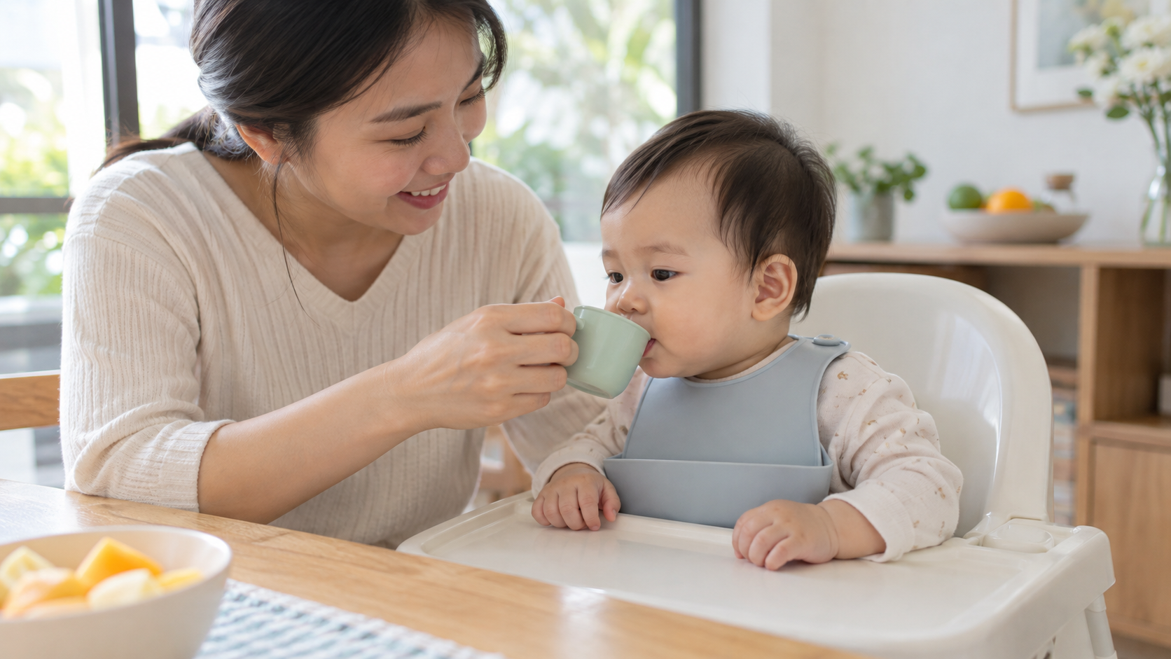 Bé 6-12 tháng tập uống bằng cốc nhỏ có mẹ đỡ tay