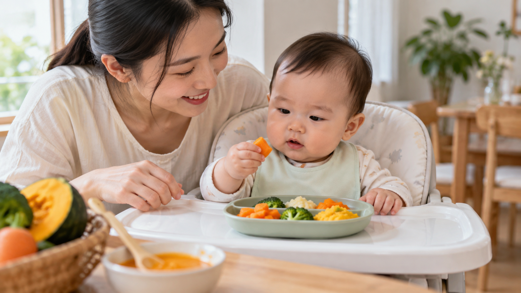 Bé 6-12 tháng ngồi ghế ăn với đồ ăn mềm phù hợp