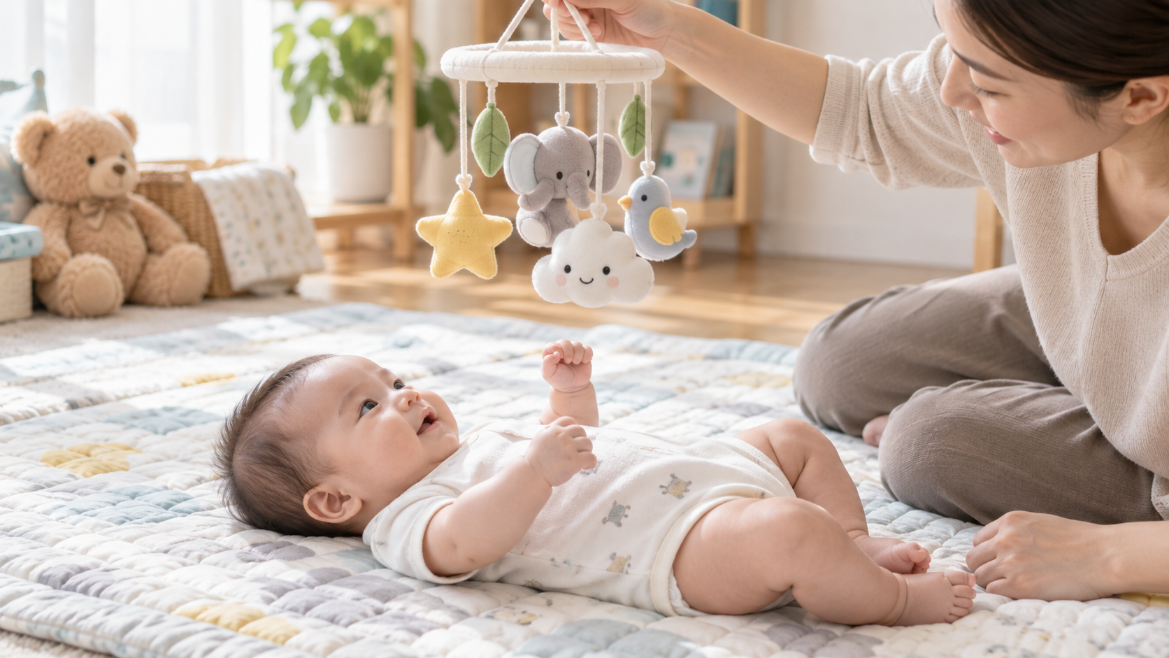 Bé 0-6 tháng nhìn theo đồ chơi treo mềm