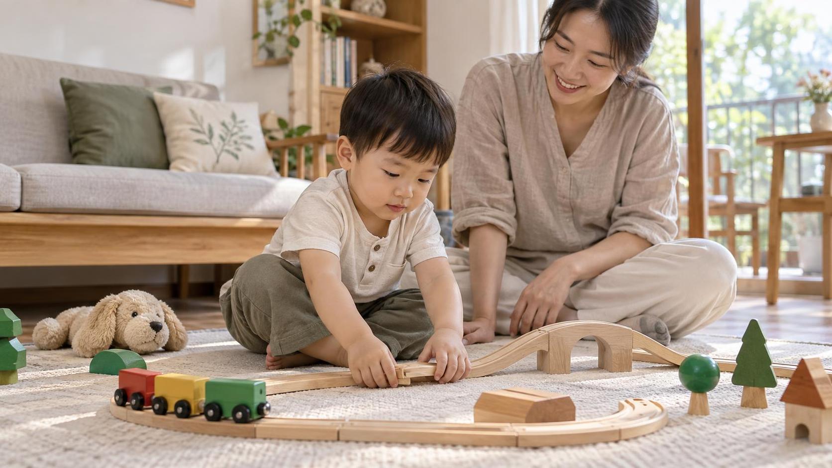 Bé chơi tàu và bóng mềm trong phòng khách thoáng