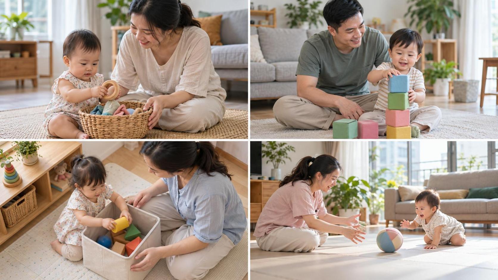 Bé 1-2 tuổi cùng mẹ cất đồ chơi vào hộp