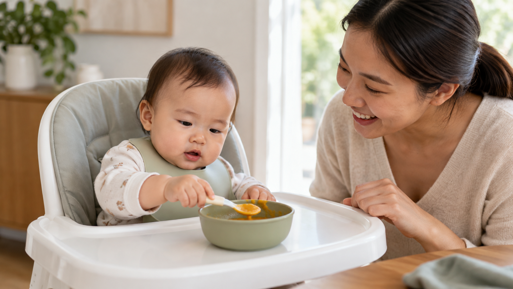 Bé 6-12 tháng làm quen màu và kết cấu món ăn
