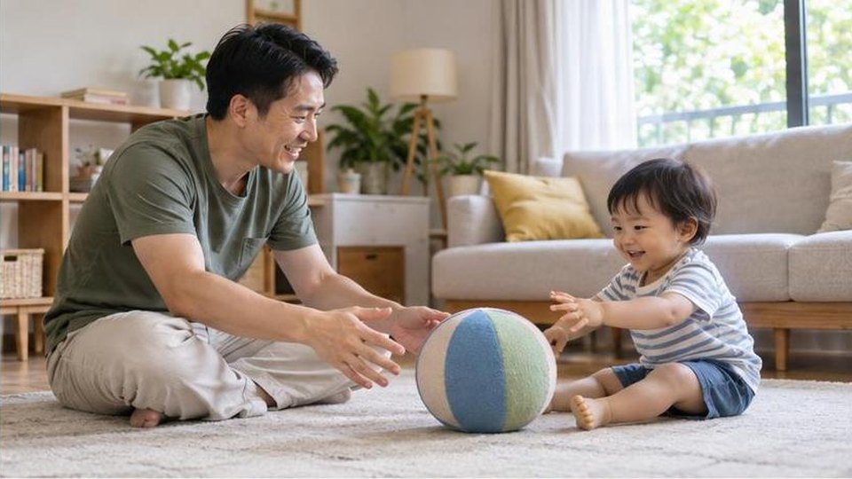 Bé 2-3 tuổi lăn bóng mềm trong nhà