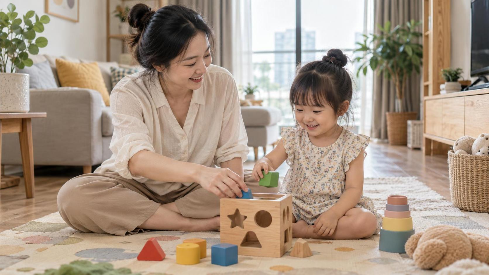 Bé bỏ khối lớn vào hộp thả hình cùng mẹ