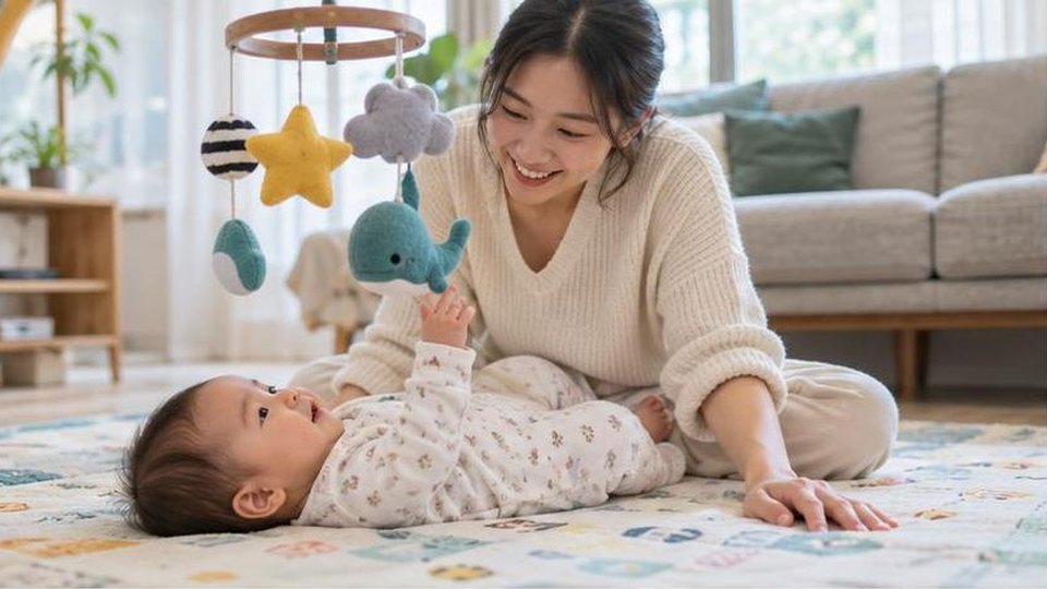 Bé 0-6 tháng nằm thư giãn khi mẹ chạm nhẹ
