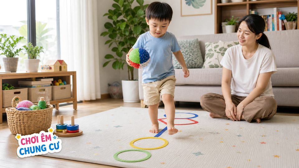 Phụ huynh chuẩn bị hoạt động đồ chơi vận động và tư duy cho bé cho bé độ tuổi của bé trong góc chơi an toàn