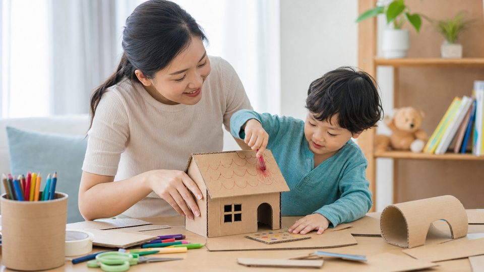 Phụ huynh chuẩn bị hoạt động trò chơi nặng nhẹ cho bé cho bé độ tuổi của bé trong góc chơi an toàn
