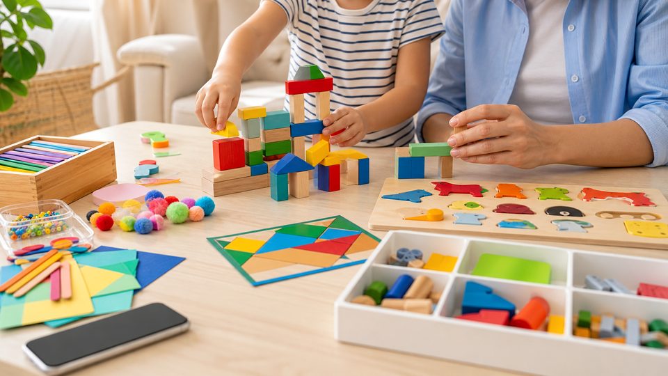 Phụ huynh chuẩn bị hoạt động trò chơi quan sát cho bé cho bé độ tuổi của bé trong góc chơi an toàn