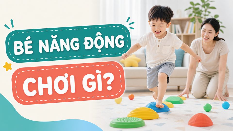 Minh họa cách chơi 9 món đồ chơi vận động trong nhà giúp bé xả năng lượng ngày mưa cùng bé độ tuổi của bé không dùng chữ trên ảnh