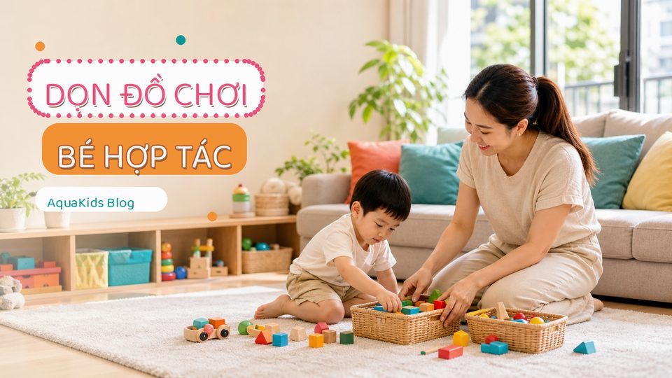 Minh họa cách chơi dạy bé tự dọn đồ chơi sau khi chơi cùng bé độ tuổi của bé không dùng chữ trên ảnh
