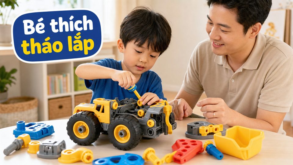 Minh họa cách chơi cách làm đồ chơi tại nhà từ bìa carton cho bé 3-6 tuổi cùng bé độ tuổi của bé không dùng chữ trên ảnh