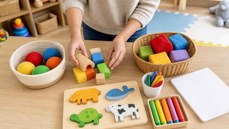Minh họa cách chơi đồ chơi giúp bé bớt xem điện thoại cùng bé độ tuổi của bé không dùng chữ trên ảnh