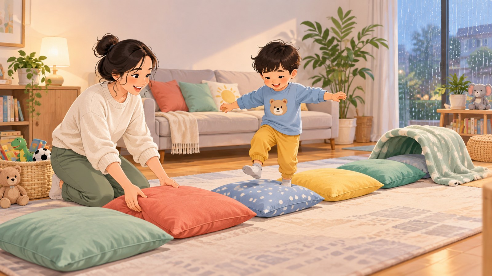 Vận động trong nhà ngày mưa: làm đường đi gối đệm an toàn cho bé