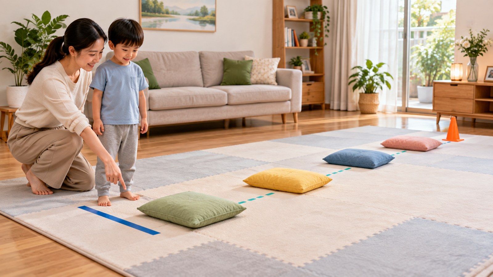 Cha mẹ kiểm tra đường đi gối đệm an toàn trước khi bé chơi