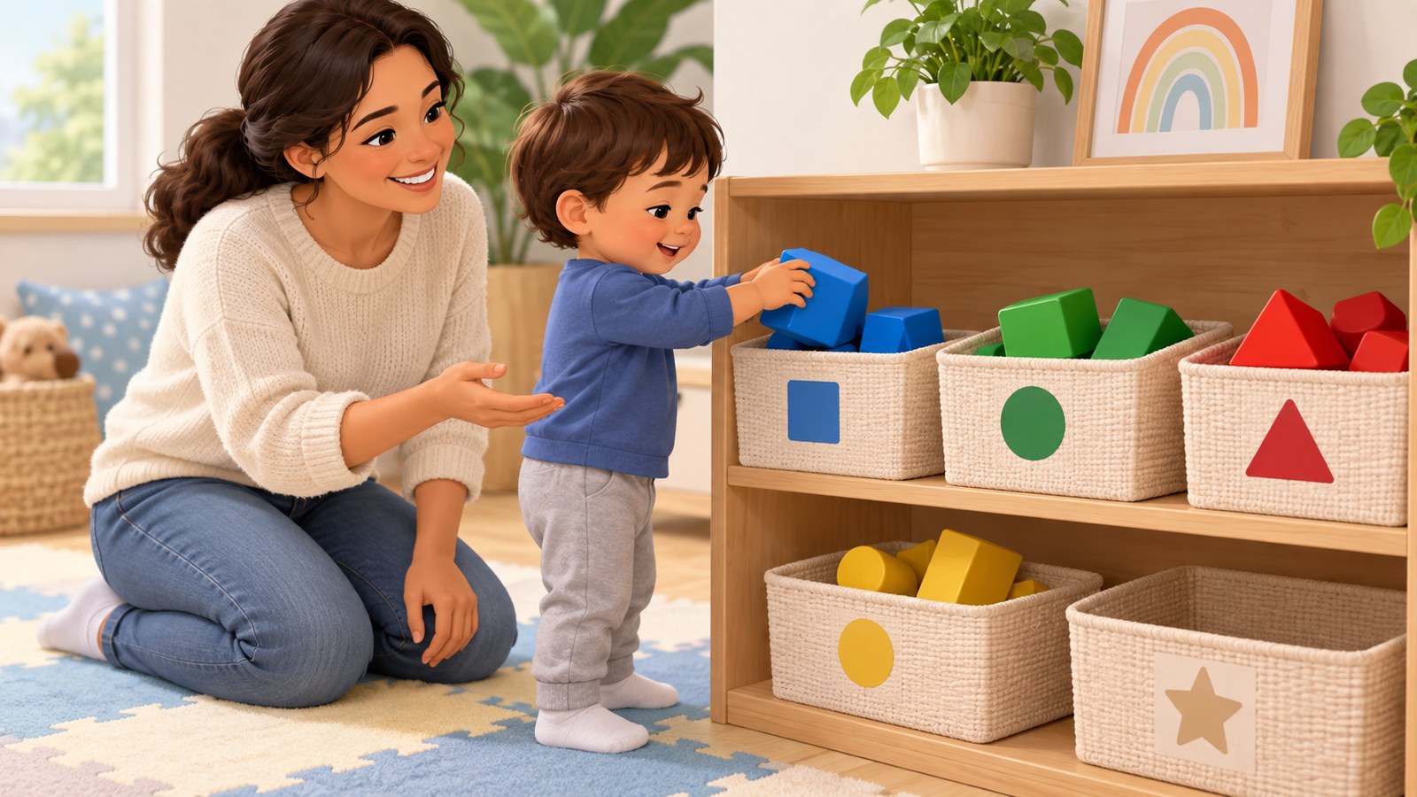 Bé cất khối màu lên kệ thấp sau khi chơi phân loại
