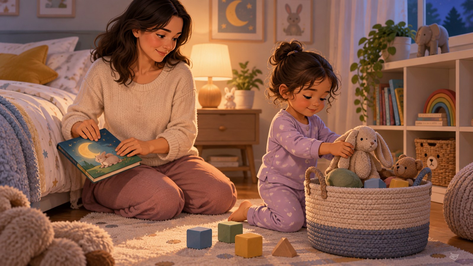 Bé cất đồ chơi yên tĩnh vào giỏ trước khi lên giường