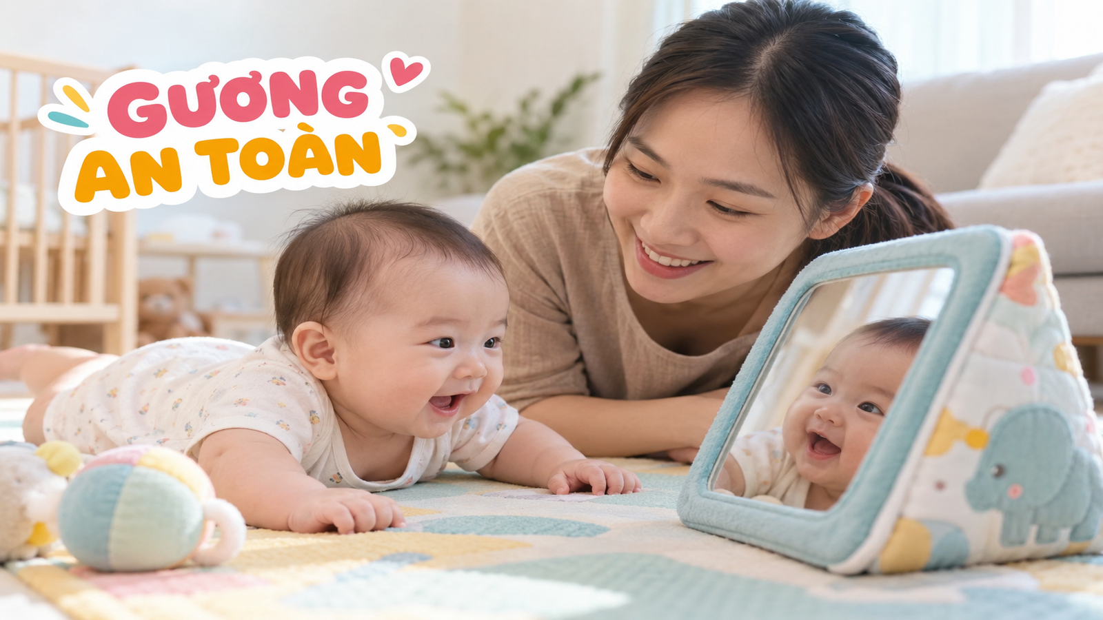 Cha mẹ chơi gương an toàn với bé 0-6 tháng trên thảm mềm