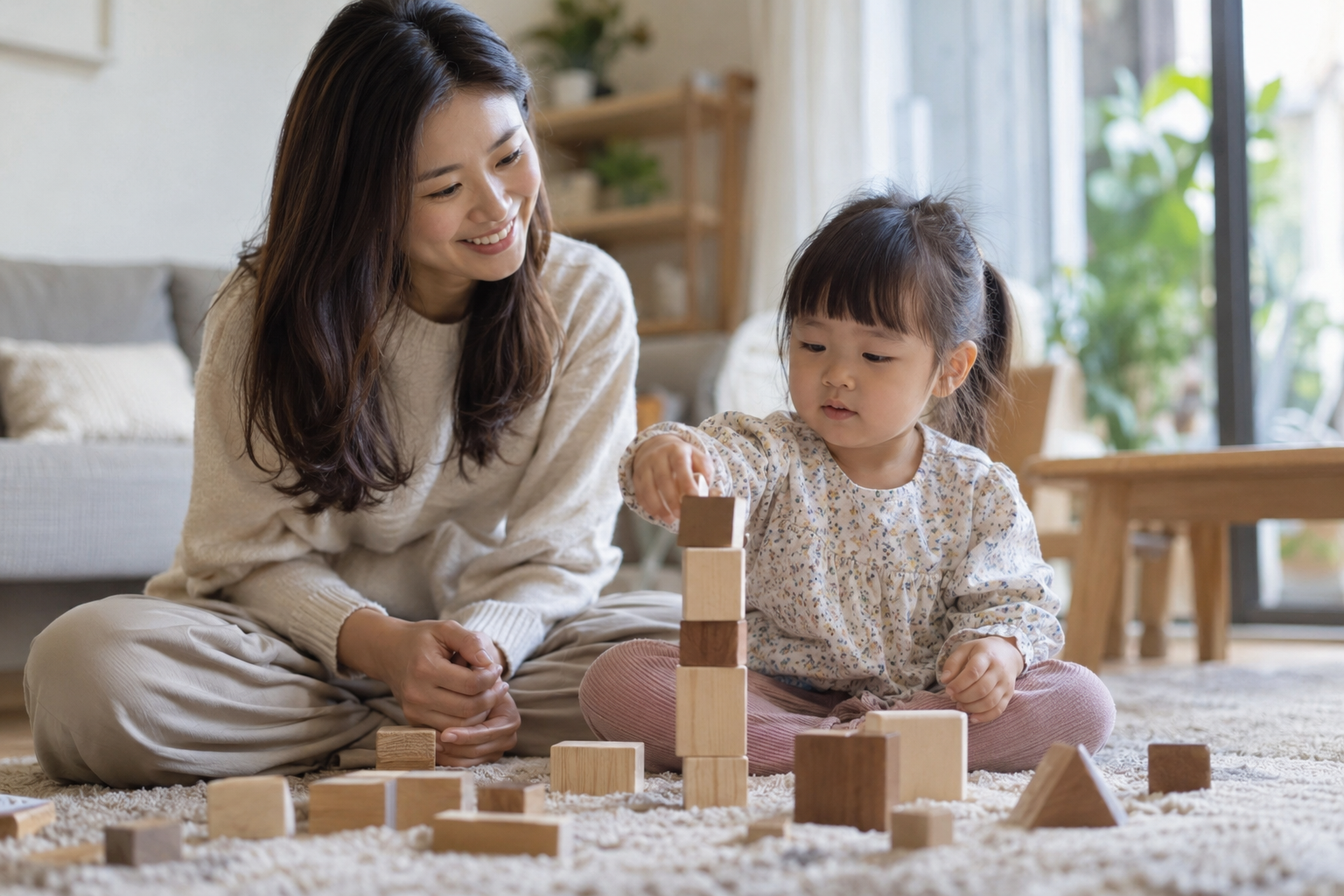 Bé xếp từng khối theo lượt cùng người lớn trên thảm chơi