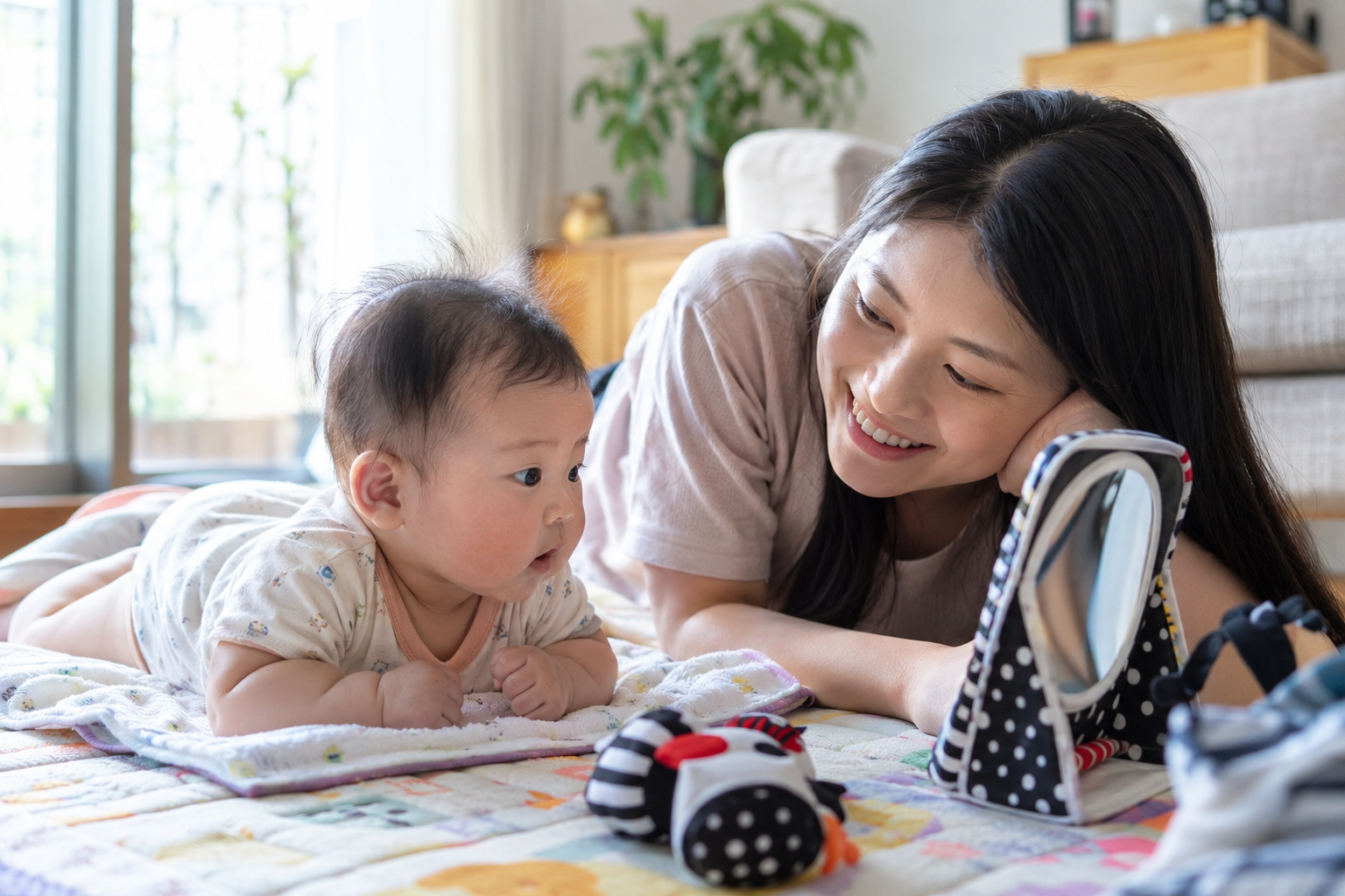 Mẹ đặt gương mềm trước mặt bé khi nằm sấp ngắn trên thảm